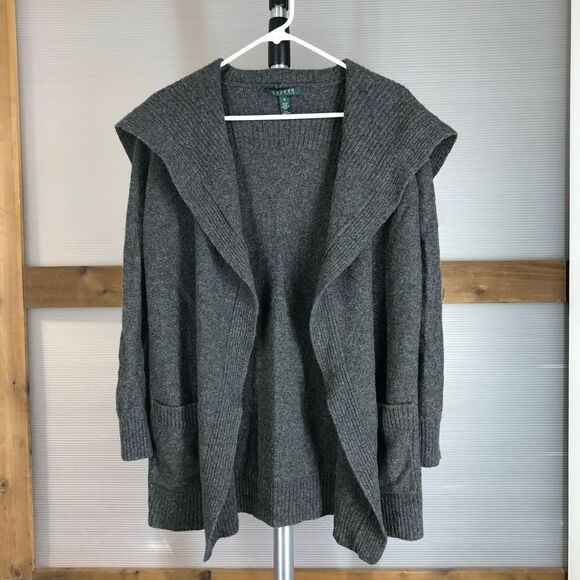 Lauren RALPH LAUREN 100% Lambswool Grey Shawl 2 Pocket Midi Open Cardigan Sz M - Picture 1 of 11